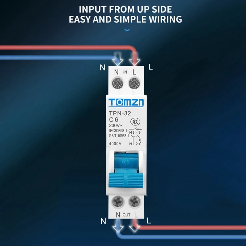 TOMZN TPN 1P+N Mini Circuit Breaker MCB 6A Din Rail Mounting Miniature Household Air Switch Oasis Select