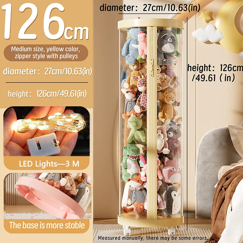 Transparent Doll Storage Box Plush Toy Organization Toy Storage Tube DIY Zipper Bins Kid Christmas Gift Children's Toy Organizer Oasis Select yellow-M-wheel-Light
