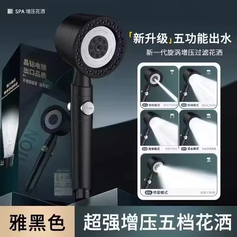 New High Pressure Water Saving Filter Shower Head 5 Modes Handheld Shower Head One Button Stop Bathroom Accessories Set Oasis Select Black Shower