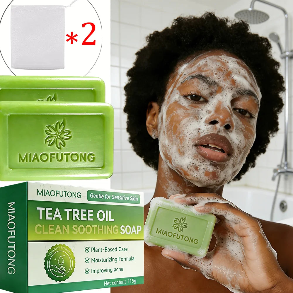 MIAOFUTONG Gentle for Sensitive Skin TEA TREE OILANTIFUNGAL SOAP Plant-Based Care Moisturizing FormulaG lmproving acne Oasis Select 2 PCS Foaming net 115g