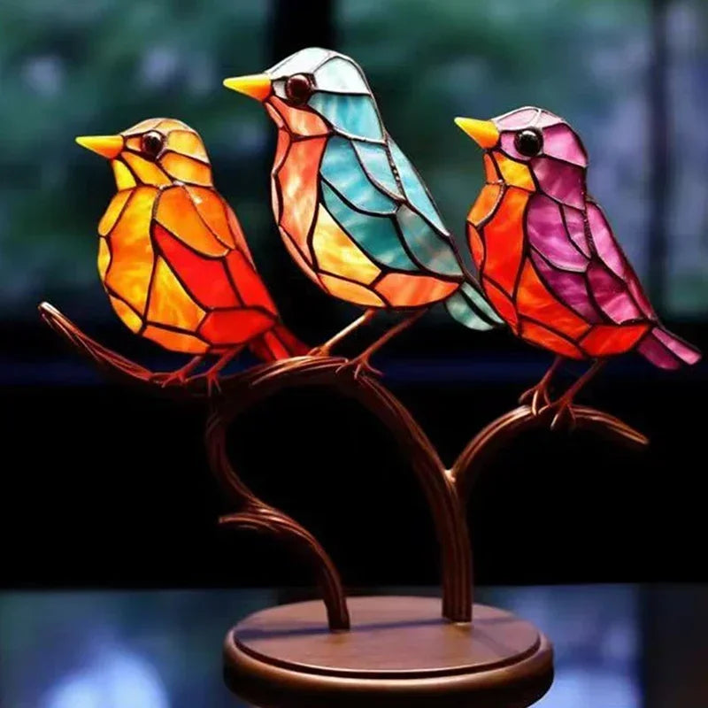 Multicolor Birds Stained Acrylic Birds on Branch Desktop Ornaments Double Sided Multicolor Style Craft Statue Ornaments Oasis Select