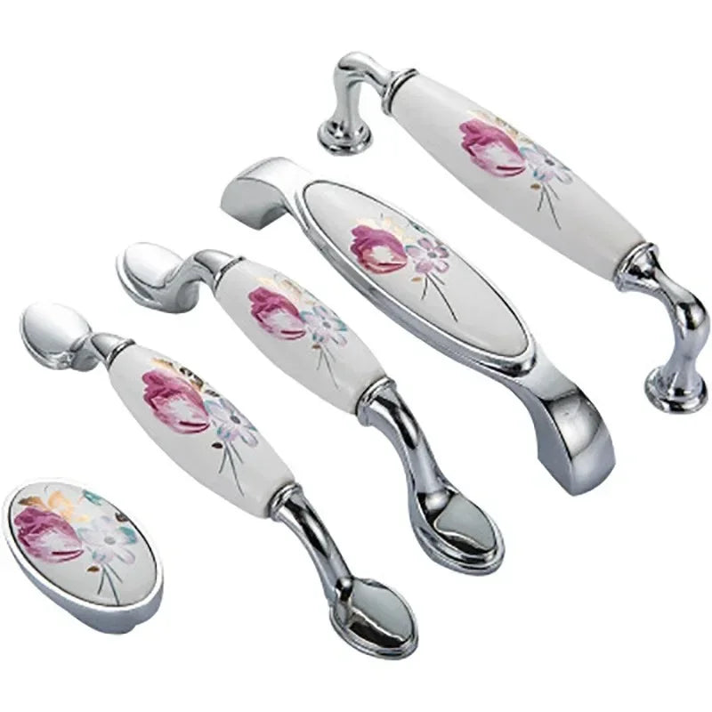 Tulip Ceramic Door Handle Silver Drawer Pulls Vintage Flower Cupboard Kitchen Cabinet Handles and Knobs Furniture Hardware Oasis Select