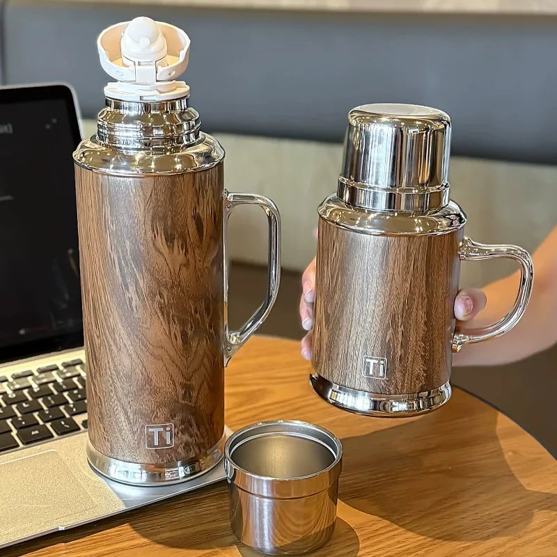 Wood Grain Insulated Water Bottle with Handle Removable Drinking Lid Portable Heat Retention Flask for Office Travel Daily Oasis Select