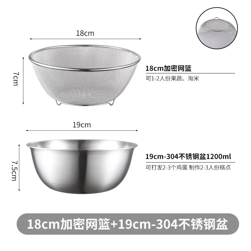 1Set Stainless Steel Drain Basin Basket with Scale Kitchen Basin Rice Washing Artifact Fruit Fruits Drainer Salad Basin Oasis Select 2Pcs-19cm