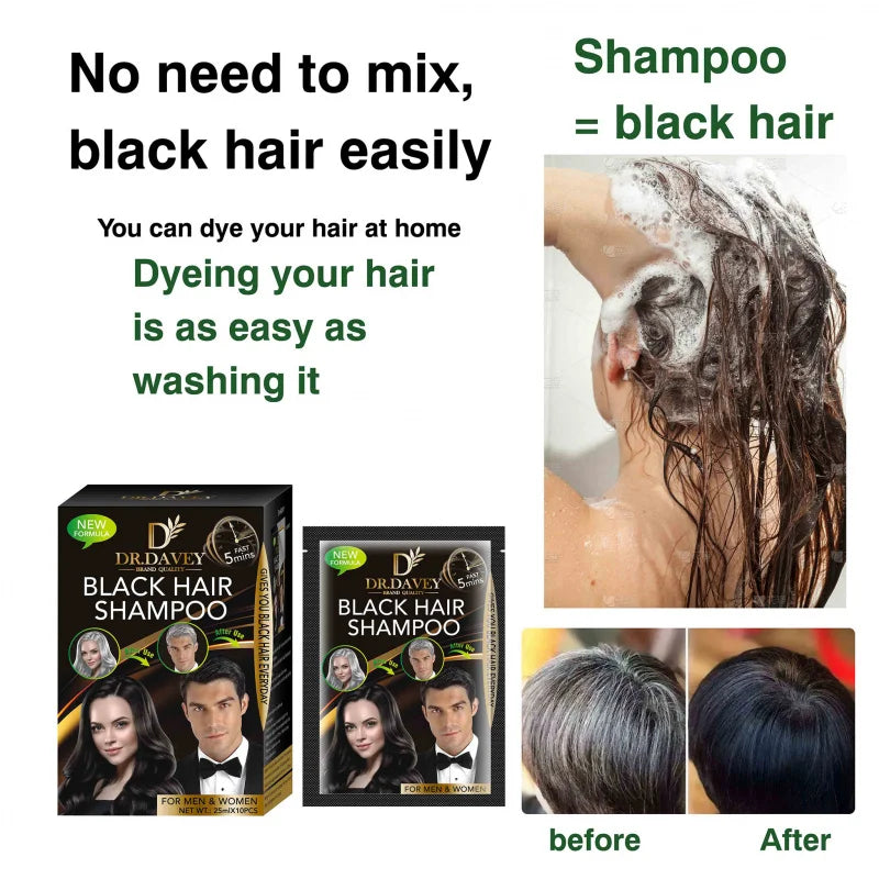 DR.DAVEY Black Hair Dye Coloring Shampoo 25ml × 10 Sachets