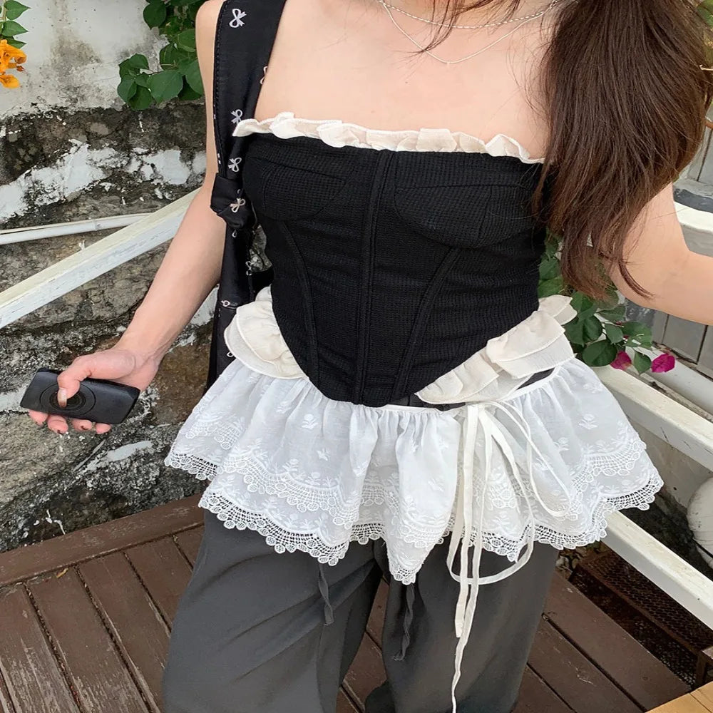 New Embroidered Flower Lace Mini Skirt Y2K Streetwear See Through Ruched Skirts Harajuku Lace Up Ruffles Skirt Jeans Decoration Oasis Select -3 One Size