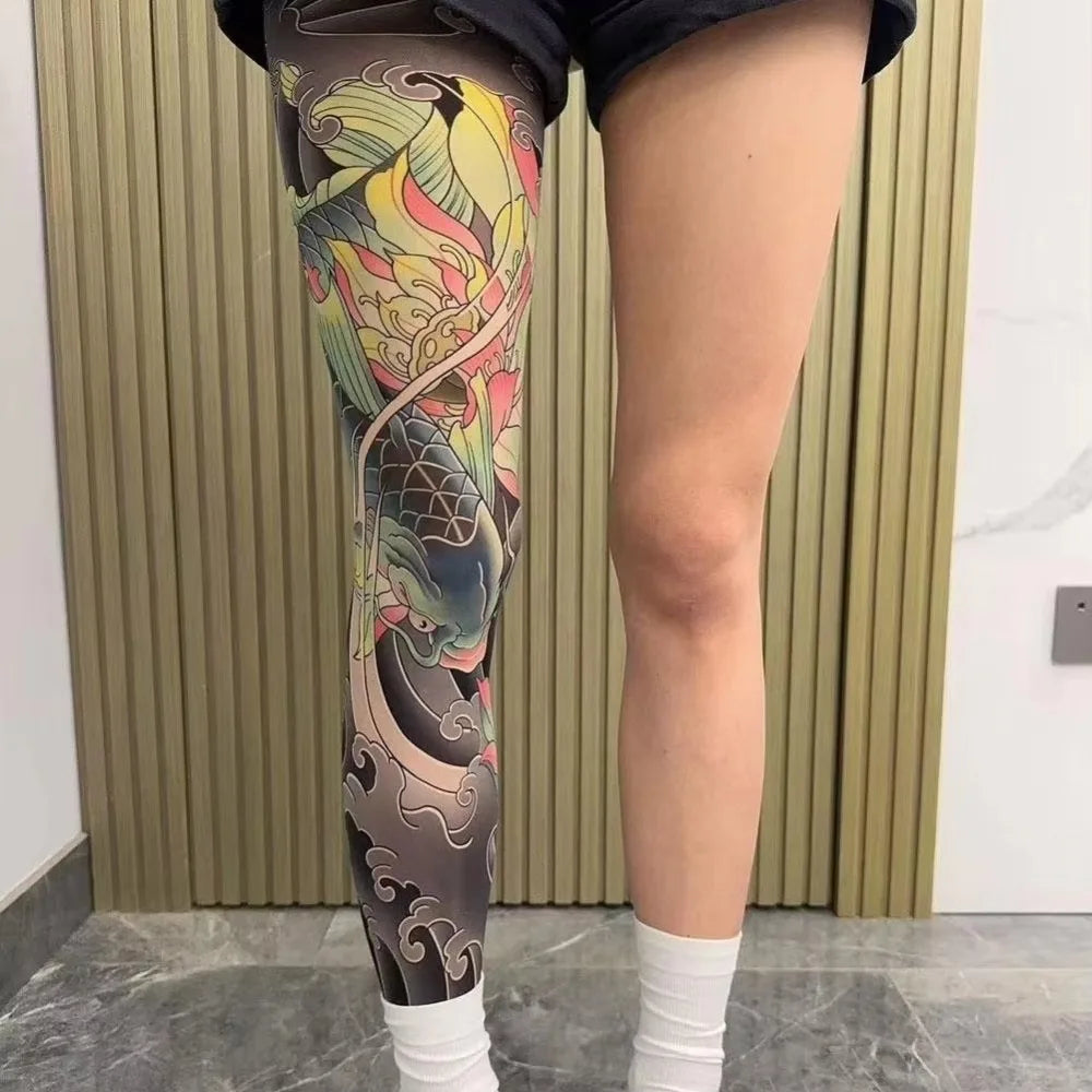 Full Leg Fake Tattoo Socks Sun-proof Printed Tights Fishing Elastic