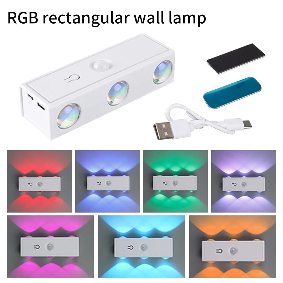3 Colors/RGB Motion Sensor LED Night Light Rechargeable Magnetic Wall Lamp Touch Dimming Ambient Light for Bedroom Hallway Stair Oasis Select 6 LED with RGB