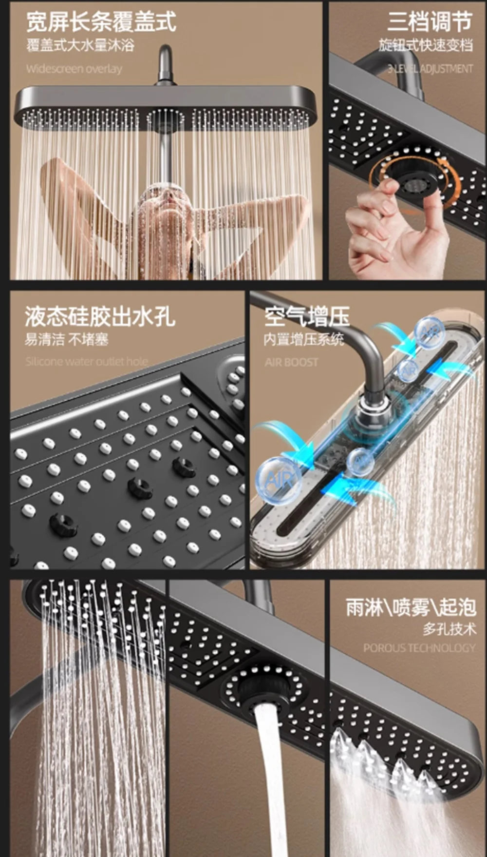 New 1pc 19 Inch High Pressure 3 Mode Rainfall Luxury Bathroom Shower Head Adjustable Anti-Clogging Silicone Nozzles Water Saving Oasis Select