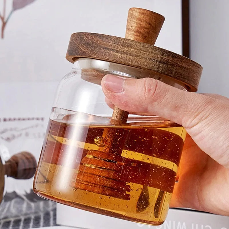 High Borosilicate Glass Honey Jar Made of Solid Wood with Stirring Rod Jam Food Storage Jar Stylish Wooden Lid Durable Oasis Select