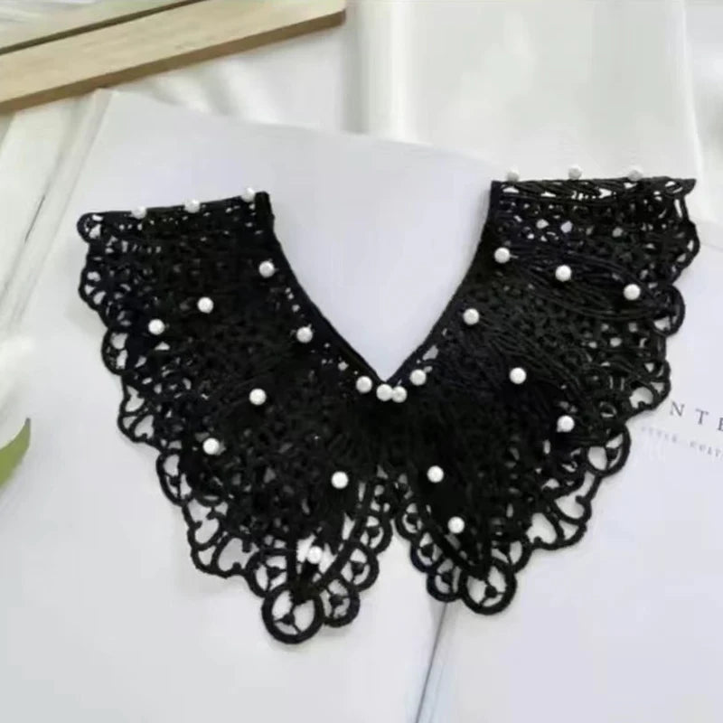 Detachable Lace Doll Collar with Pearl Shoulder Decoration Detachable Lace Collar Oasis Select Black