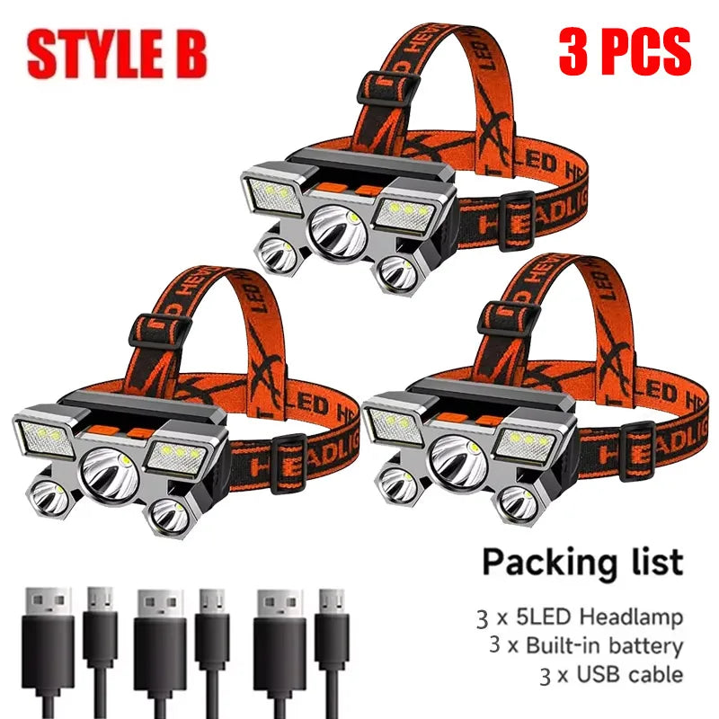 Usb Rechargeable 5 Led Headlamp Super Bright Head-Mounted Strong Flashlight Built-in Battery Outdoor Camping Night Fishing Lamp Oasis Select T21 Style B 3 pack