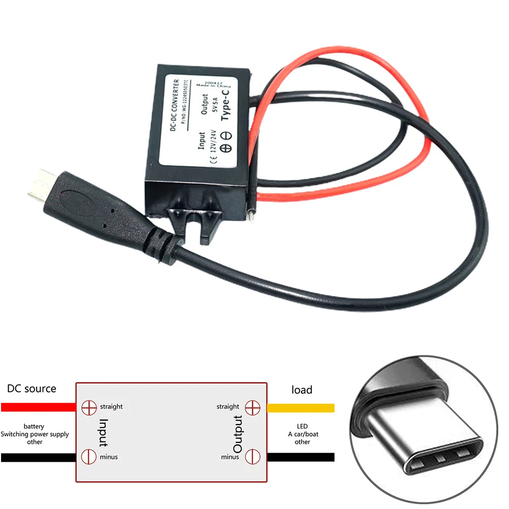 12V/24V To 5V USB C 5A 25W DC Converter Step-down Step Down Module Power Adapter Type C Wire Connector Oasis Select