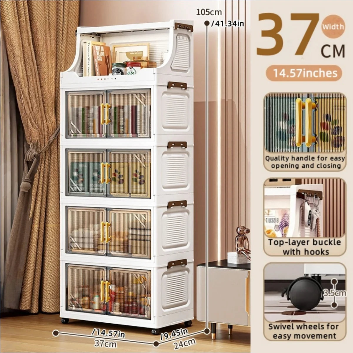 Foldable Double-Door Storage Cabinet,Large Capacity Space-Saving Mobile Organizer for Bedroom&Living Room（Clothes, Toys&Snacks） Oasis Select 5 Tiers Clear Gray