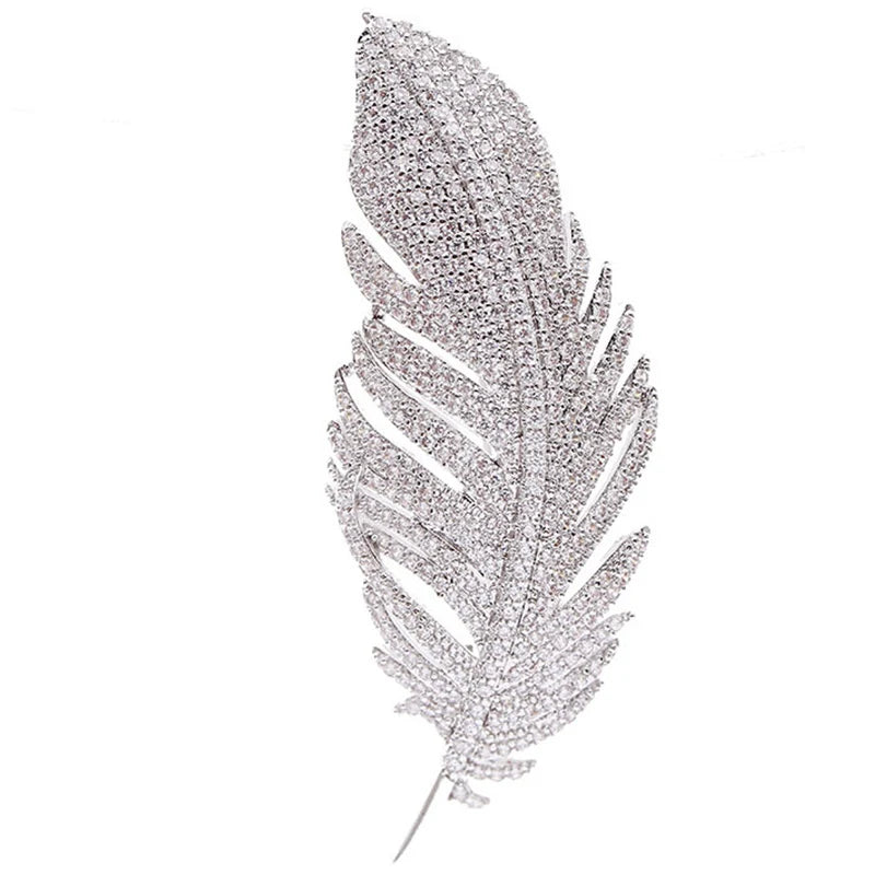 1pc Elegant Silver Color Full of Rhinestone Feather Brooches for Women Men Unisex Luxury Crystal Lapel Safety Pins Party Jewelry Oasis Select SILVER
