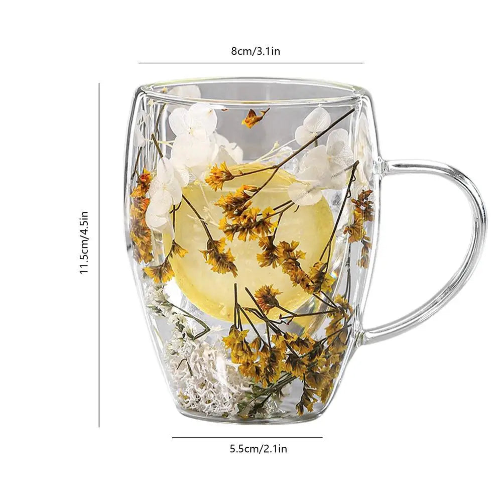 Double Wall Glass Cup Dried Flowers Glass Cup 350ml Anti-Scalding Mug Coffee Mug for Milk Chocolate Tea Juice Hot Cold Beverages Oasis Select Yellow 301-400ml