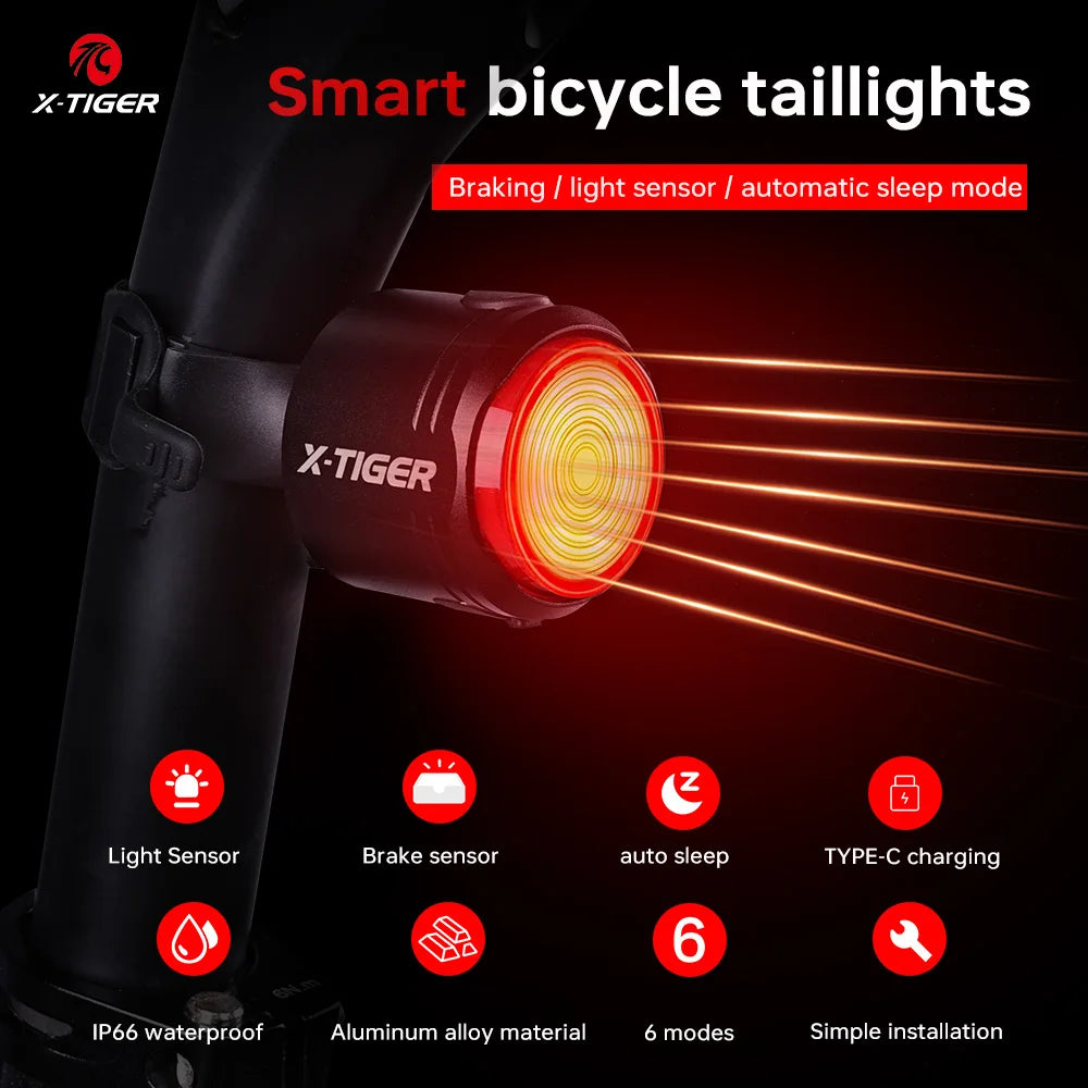 X-TIGER Bike Rear Light High Brightness Smart Brake Sensing Light IPX6 Waterproof LED Charging Taillight MTB Bike Accessories Oasis Select
