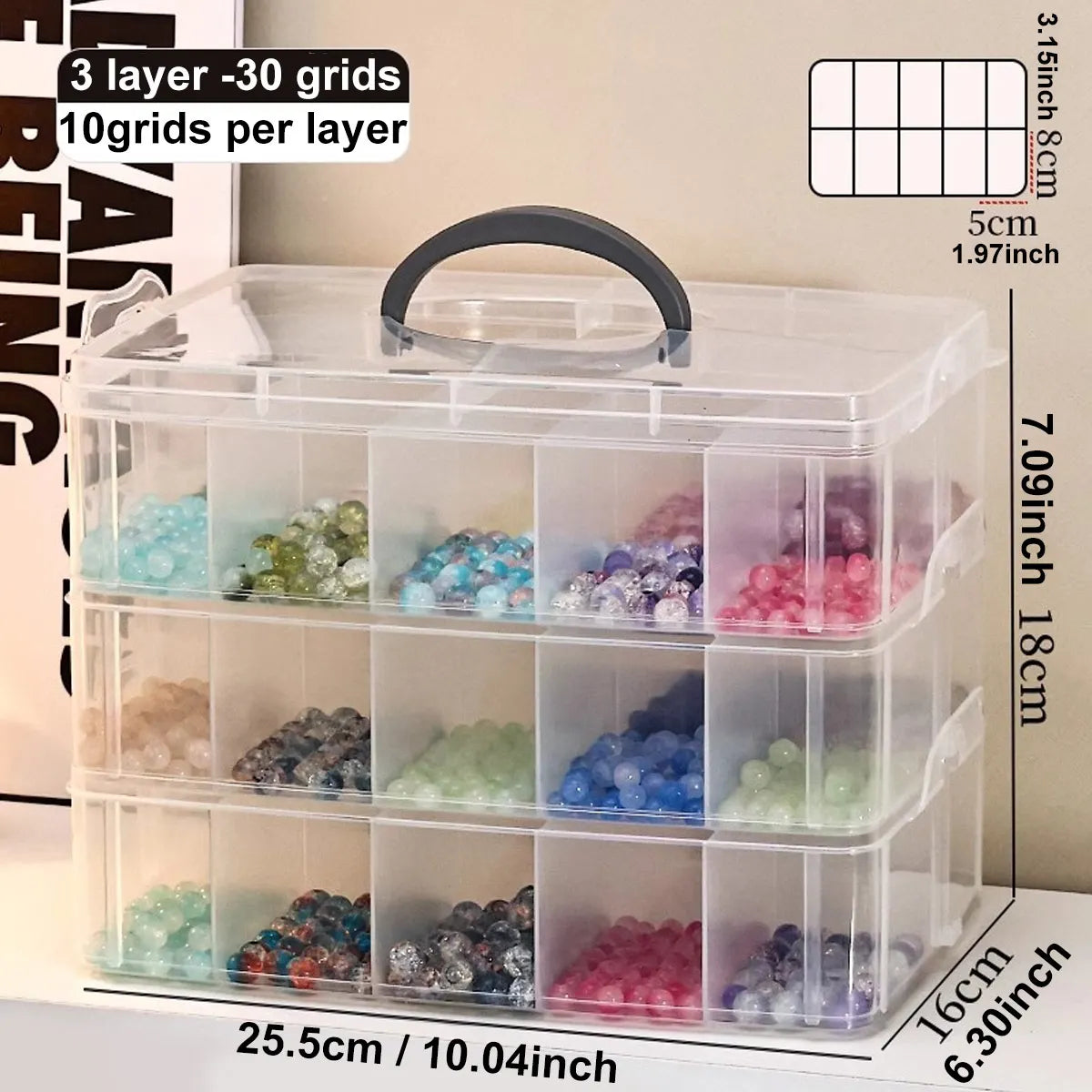 3-layer transparent storage box, stackable storage box, portable craft bead plastic box, jewelry storage box, storage tray Oasis Select 3-layer 30 grid