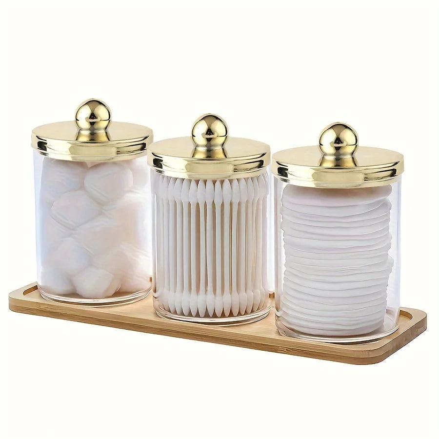 Desk Organizers,Cosmetic storage set comprising three storage boxes and one bamboo tray, suitable for use in the bathroom Oasis Select Gold