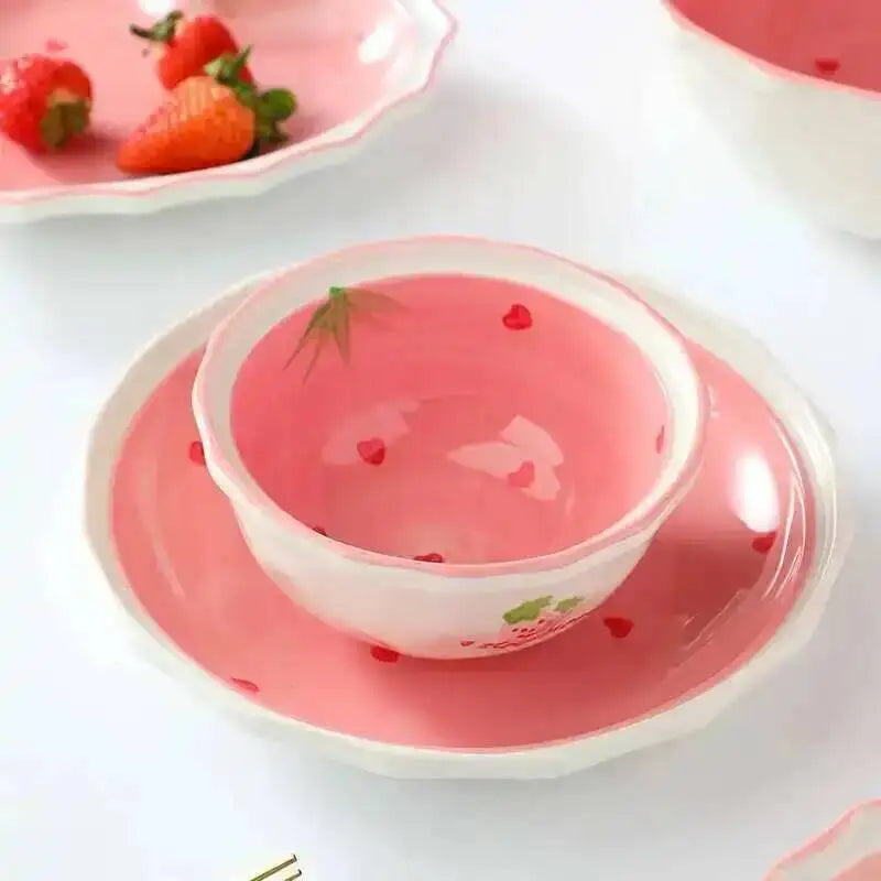 Strawberry Love Pink Plate And Bowl Ceramic Tableware Hand-painted Plate For Household Girls And Kids Oasis Select