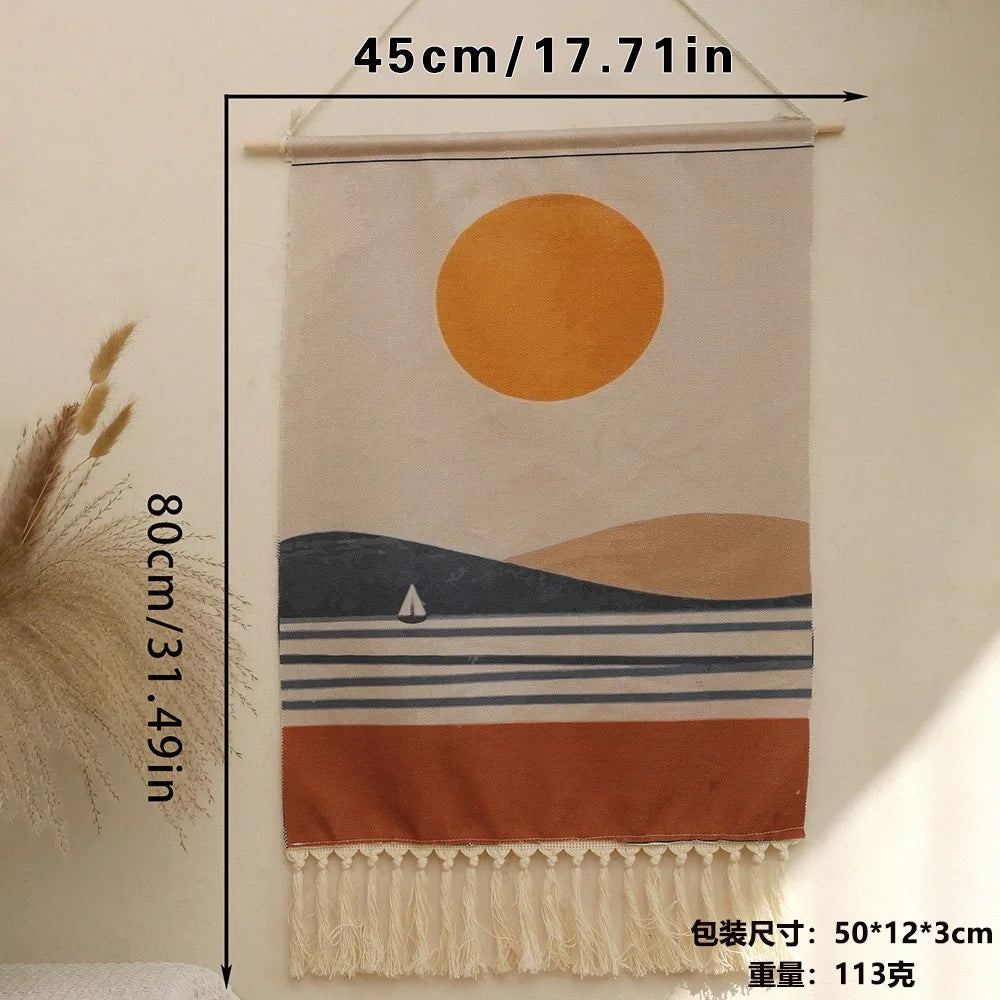 Hand-woven Sunrise and Sunset Print Tassel Tapestry Simple Studio Bedroom Living Room Background Hanging Cloth Oasis Select Ms8489