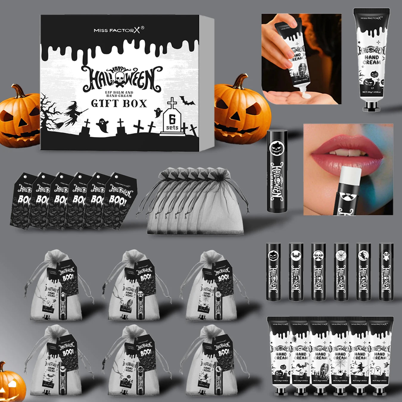 24PCS Halloween gift set (6 hand creams+6 lipstick) Each set includes a Halloween card and gift yarn bag Oasis Select