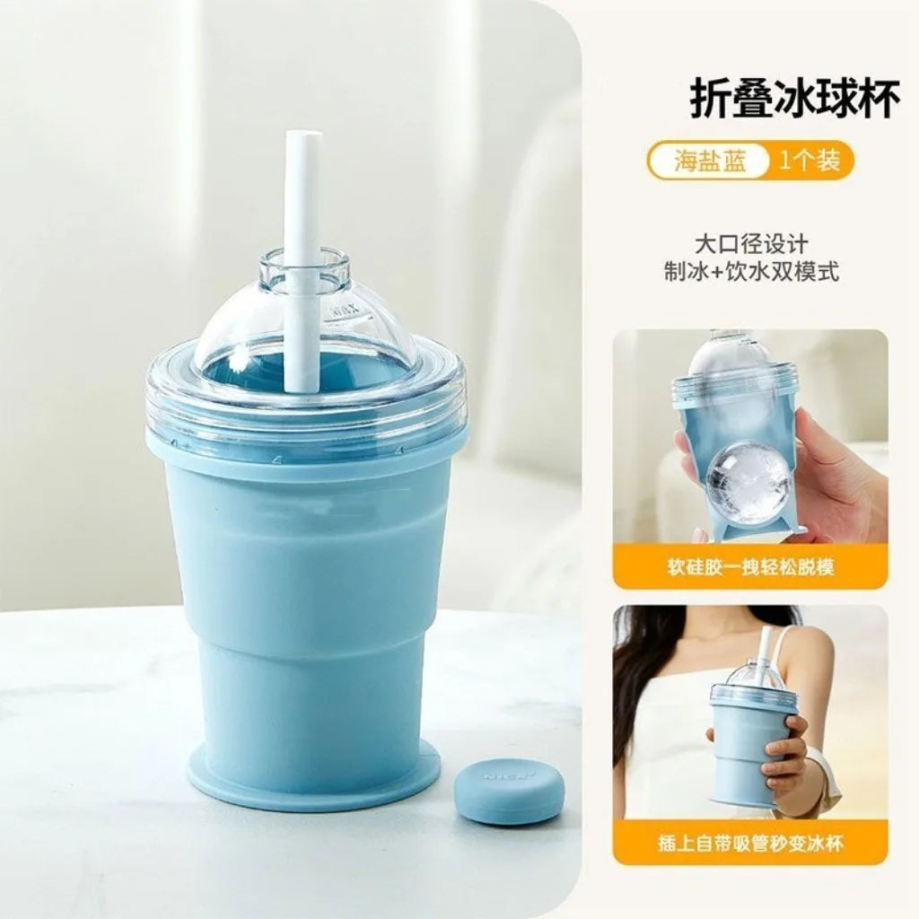Portable Folding Hockey Puck Ice Cup – Creative Food-Grade Silicone Ice Cube Mold with Built-in Straw – Summer on-the-Go Tumbler Oasis Select Blue