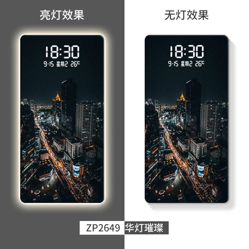 Led Electronic Wall Hanging Clock Porch Decorative Painting City Night Scene Advanced Sense Human Induction Wall Clock Oasis Select ZP2649 80cm x 40cm plug in