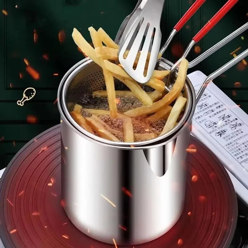 Kitchen Deep Frying Pan with Strainer Stainless Steel Tempura Fryer Versatile Cookware for Home Fried Food Preparation Oasis Select