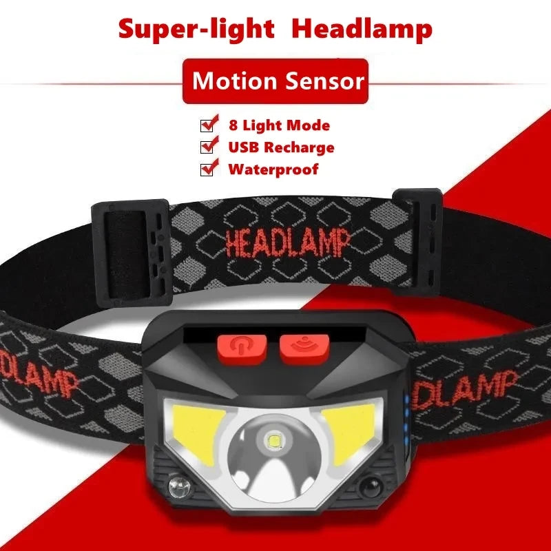 8 Modes Handfress Motion Sensor Powerful LED Headlight headlamp Head Lamp COB Flashlight Torch head light For Camping, fishing Oasis Select