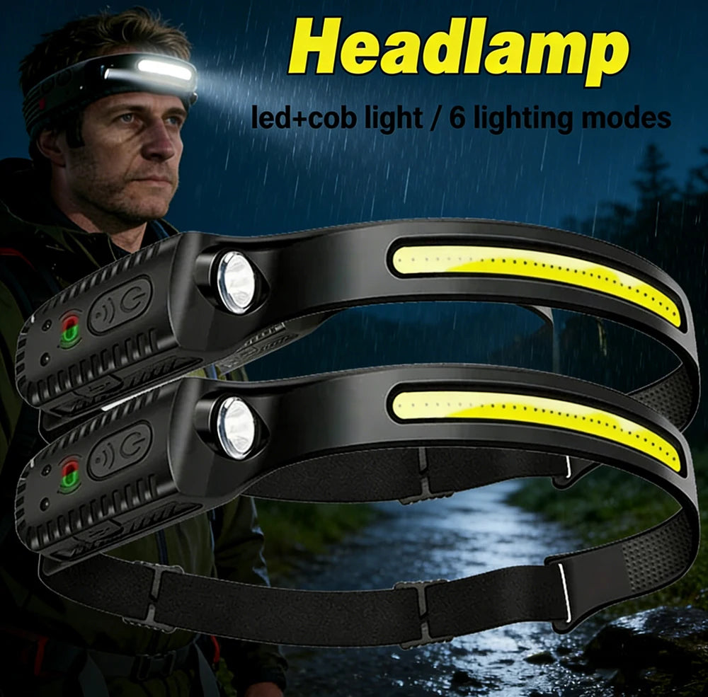 High Strong COB Sensor Head Flashlight USB Rechargeable Waterproof Head Lamp with Built in Battery Fishing Camping Head Light Oasis Select