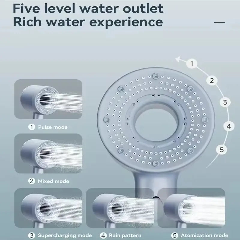 5 Modes Large Panel 7 IN 1 Shower Head High Pressure Water Saving Massage Portable Filter Shower Hook Hose Bathroom Accessories Oasis Select