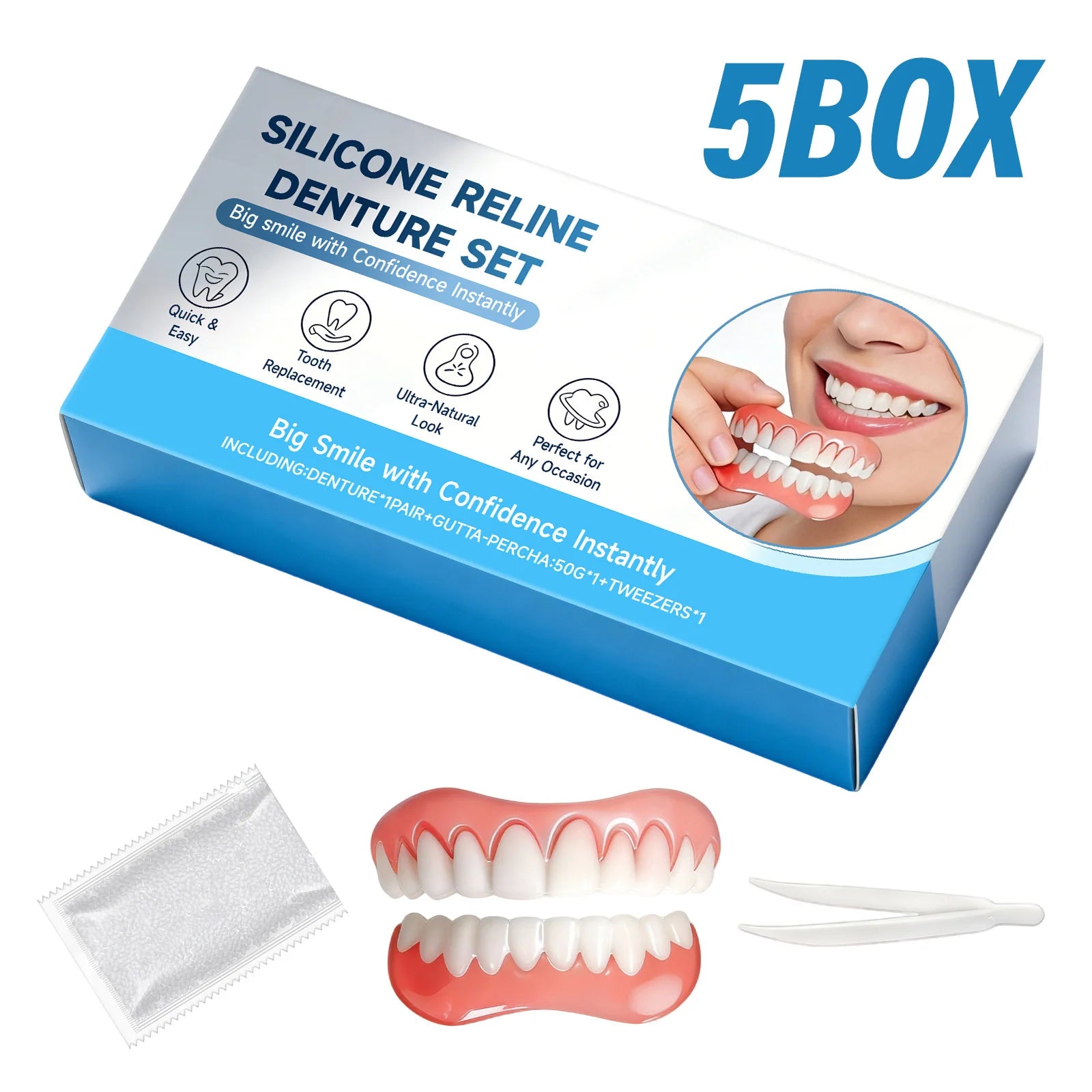 Silicone Reline Denture Set Instant Smile Veneers Upper Lower Fake Teeth Tweezers DIY Temporary Tooth Replacement Set Oasis Select 5box