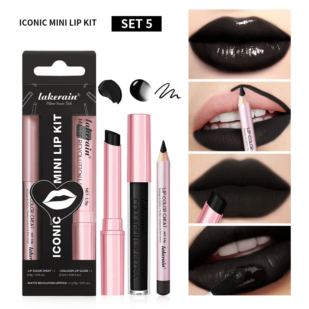 Lip Liner & Lipstick Lipgloss Combo Waterproof Long Lasting Lip Makeup Protable Travel Mini Set High Color Women's Cosmetics Oasis Select SET 5