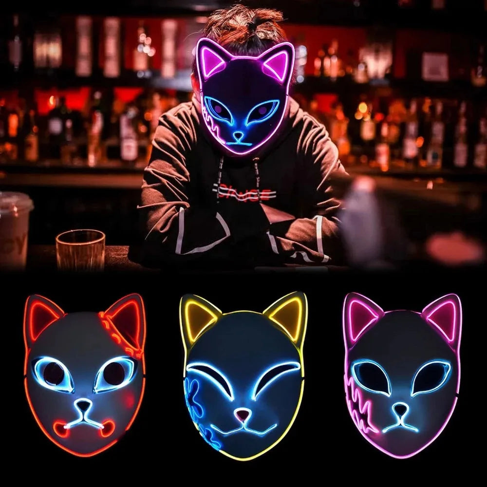 LED Fox Mask Halloween Mask Japanese Anime Cosplay Luminous Mask Suitable for Masquerade Holiday Party No Batteries Included Oasis Select