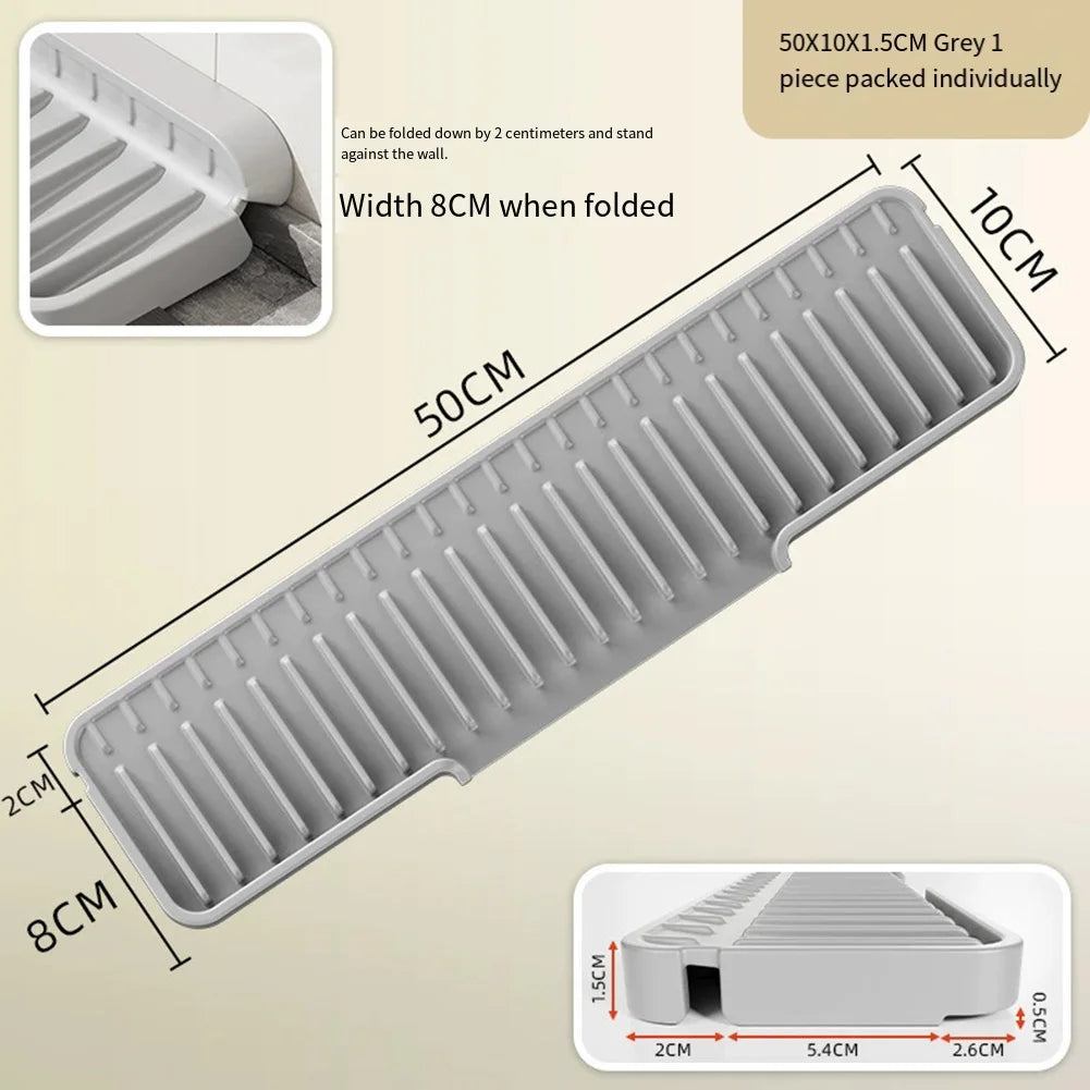 Kitchen Sink Splash Guard Silicone Drainage Mat Dish Soap Dispenser Sponge Holder Mat For Kitchen Sinks Narrow Edge Oasis Select Grey 50x10CM