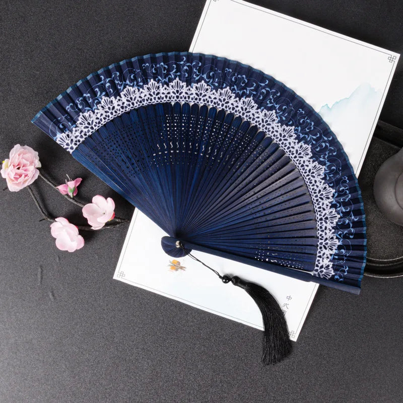 Chinese Style Folding Folding Fan Change Color With Tassel Dance Fan Silk Cloth Bamboo Summer Oasis Select Blue