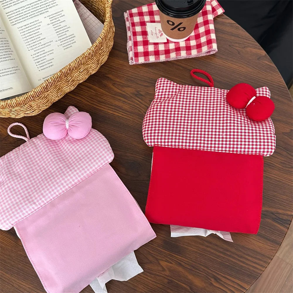 Portable Hanging Tissue Case Red Plaid Fabric Bow Tissue Box Living Room Container Home Car Towel Napkin Papers Bag Home Decor Oasis Select