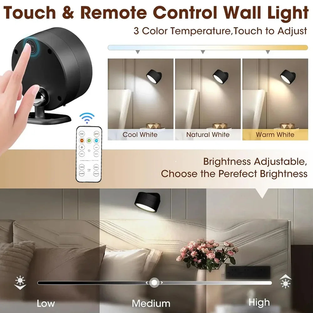 LED Wall Mounted Lights with Remote Wireless Magnetic Wall Sconces 3 Color Dimmable USB Rechargeable for Bedroom Bedside Light Oasis Select