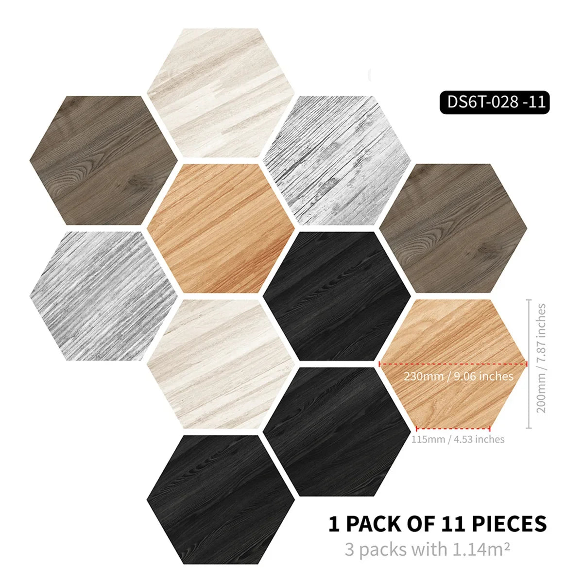 Marble wood grain self-adhesive hexagonal floor stickers waterproof home decoration hexagonal art Mosaic floor stickers Oasis Select DB-6T11P-028-CC 20cm x 23cm 11pcs