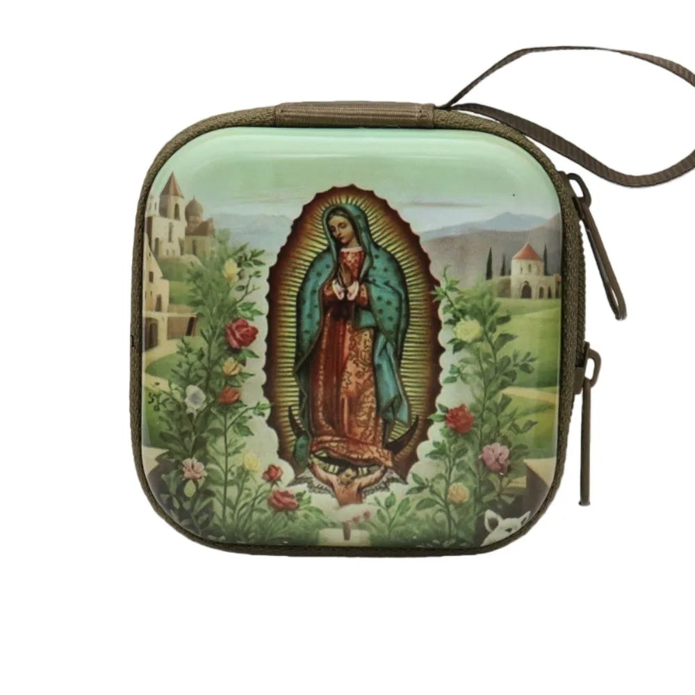 Virgin Mary Prayer Rosary Storage Bag Iron Artwork 7x7cm Religious Articles Cartoon Zippered Religious Jewelry Box Oasis Select C