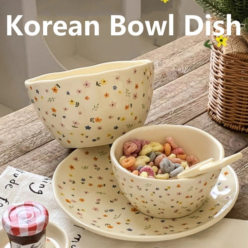 Korean Ceramic Bowl Dish with Fresh Flower Design INS Style High Appearance Level Home Domestic Rice Dish Fruit Salad Bowl Oasis Select