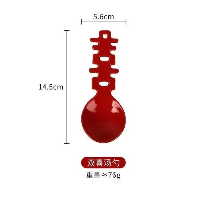 Double Happiness Spoon Ceramic Wedding Dessert Spoon Pair Spoon Red High-Value Chinese Style Character Household Festive Coffe Oasis Select 1 Pen