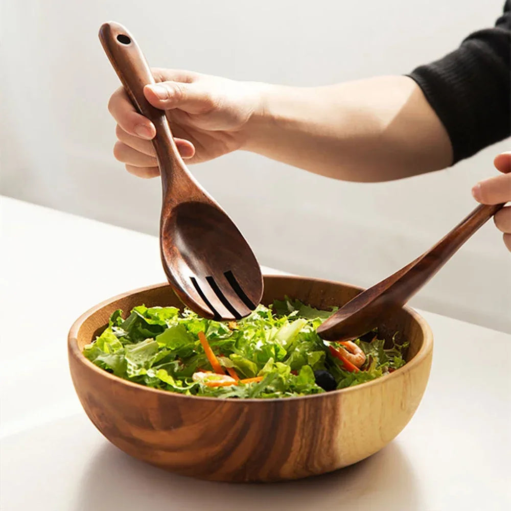 2Pcs Dinnerware Set Wooden Large Spoon Fork Cutlery Set Japanese Style Long Handle Serving Salad Scoop Tableware Kitchen Utensil Oasis Select