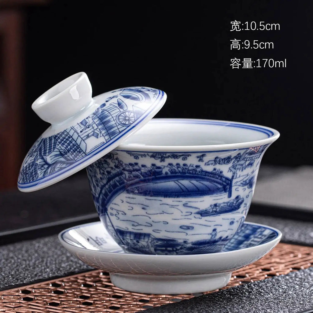 Ceramic Three-Talent Gaiwan Home Single Tea Maker Tea Cup Chinese Style Kung Fu Tea Set with Lid Tea Cup Gaiwan Oasis Select Landscape Style 3