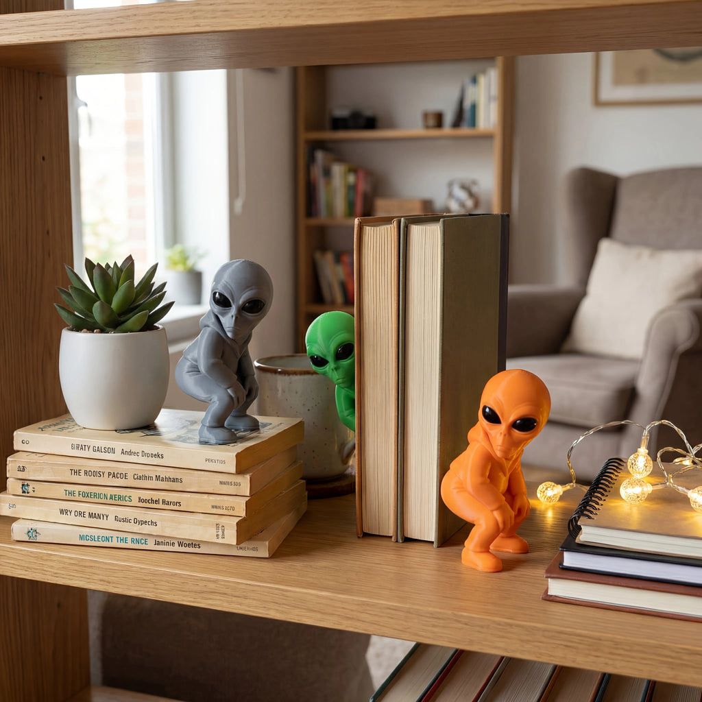 Squatting Hooded Alien Figurine 3D Printed Mini ET Desk Decor Statue Cool Intergalactic Space Ornament for Gaming Office Desktop Oasis Select