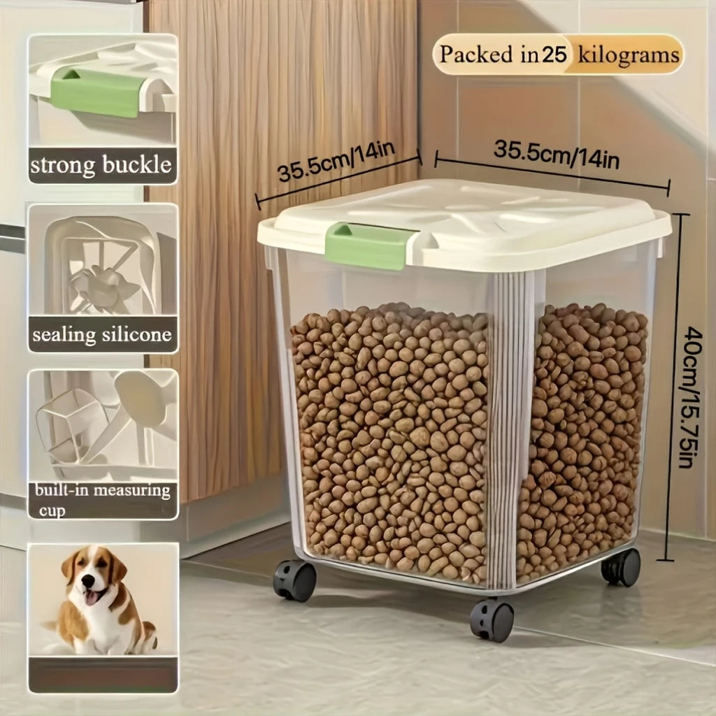Large-capacity pet food storage bin with wheels. Features a built-in measuring scoop and a snap-on lid,keep pet grain dry. Oasis Select 25kg