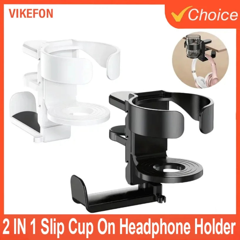 2 IN 1 Slip Cup On Headphone Holder Desk Cup Holder Adjustable Non For Desk Office Supplies Workspace Under Desk Clamp Oasis Select