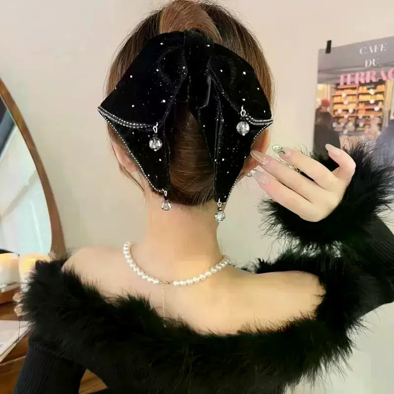 Velvet Rhinestone Bow Shark Hair Claw Clip | French Style Hair Claw Clip Oasis Select