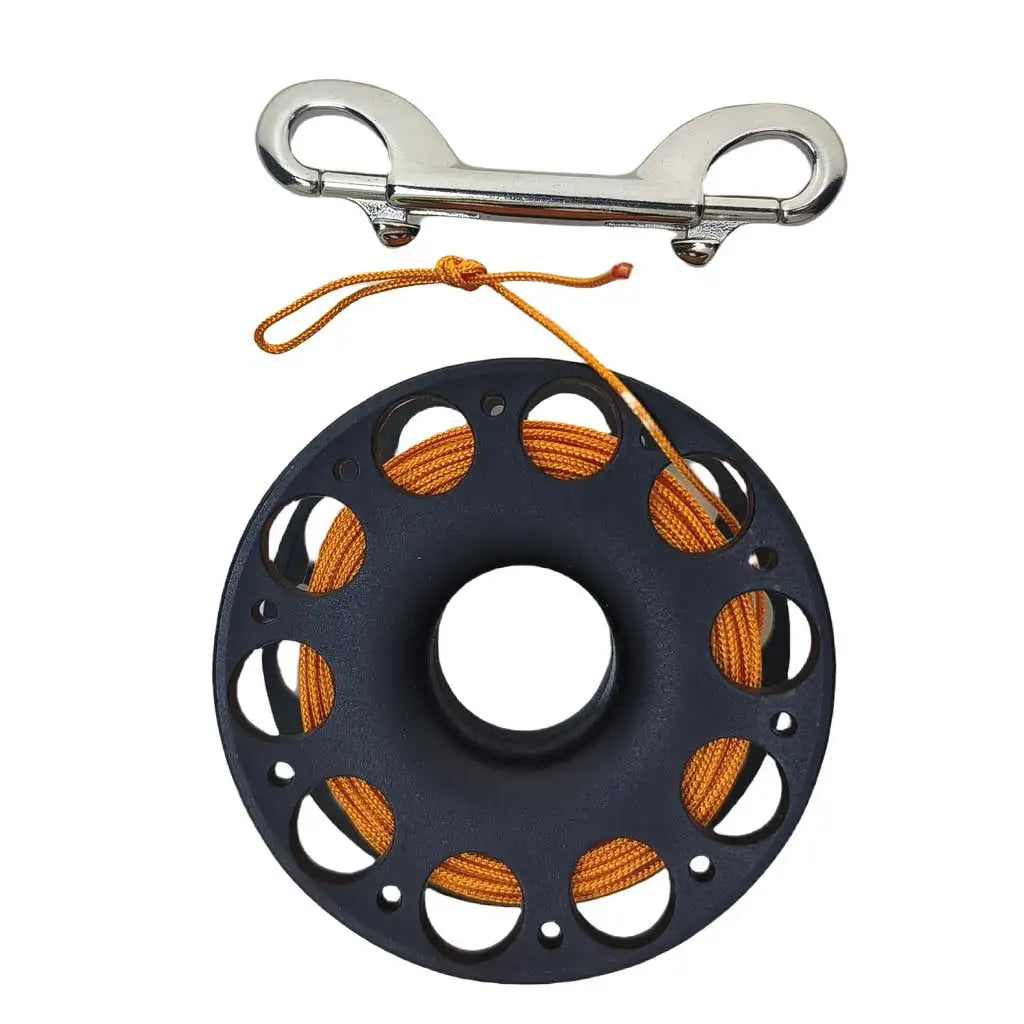 98FT/30M Scuba Diving Spool Finger Reel Snorkeling Spearfishing Cave Wreck Dive Safety Gear with Double-Ended Bolt Snap Clip Oasis Select Black Orange